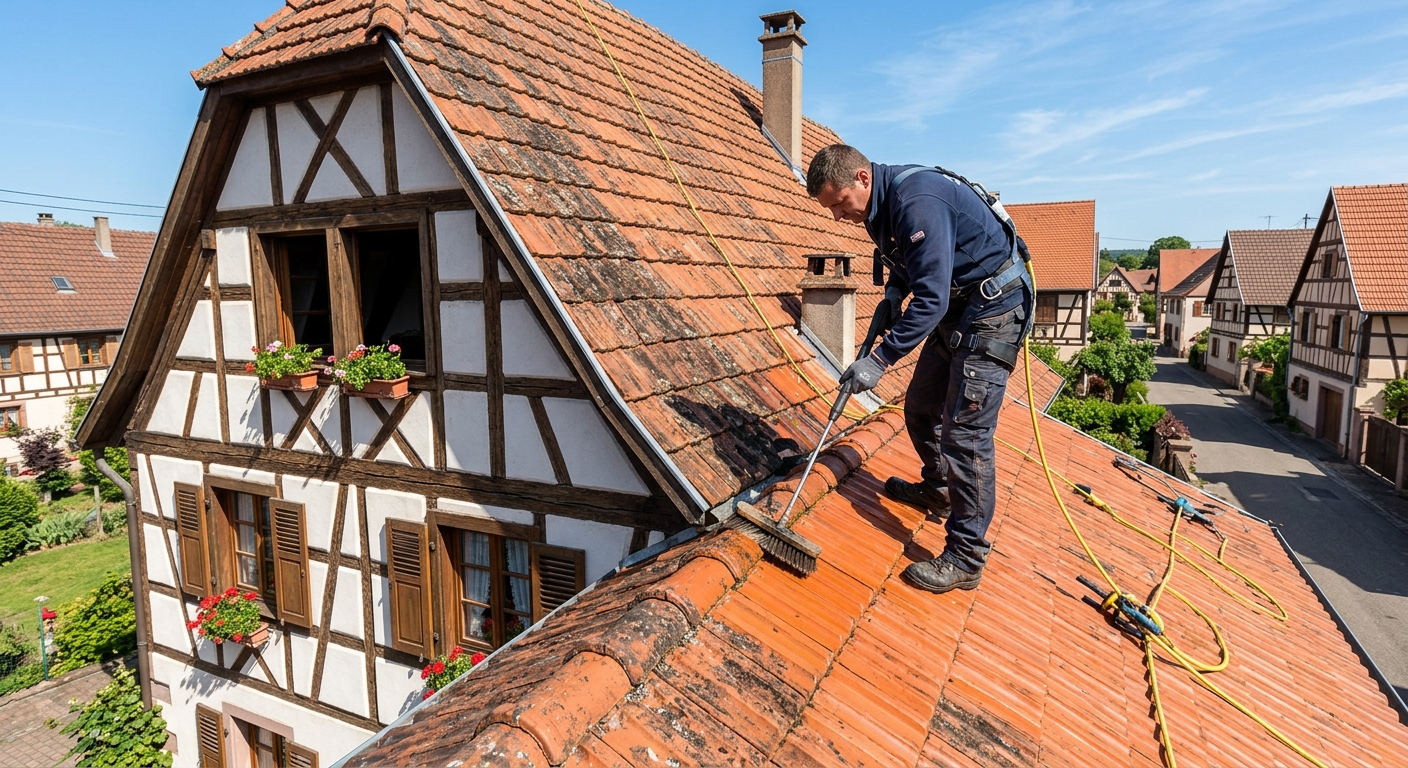 Artisan couvreur nettoyant une toiture en tuiles &agrave; Pfastatt