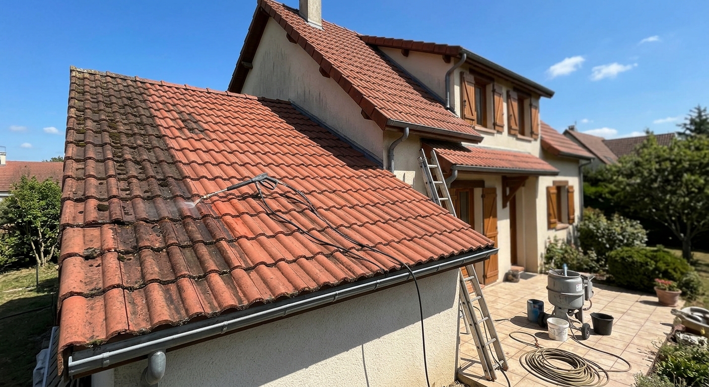 Artisan couvreur nettoyant une toiture &agrave; Riedisheim