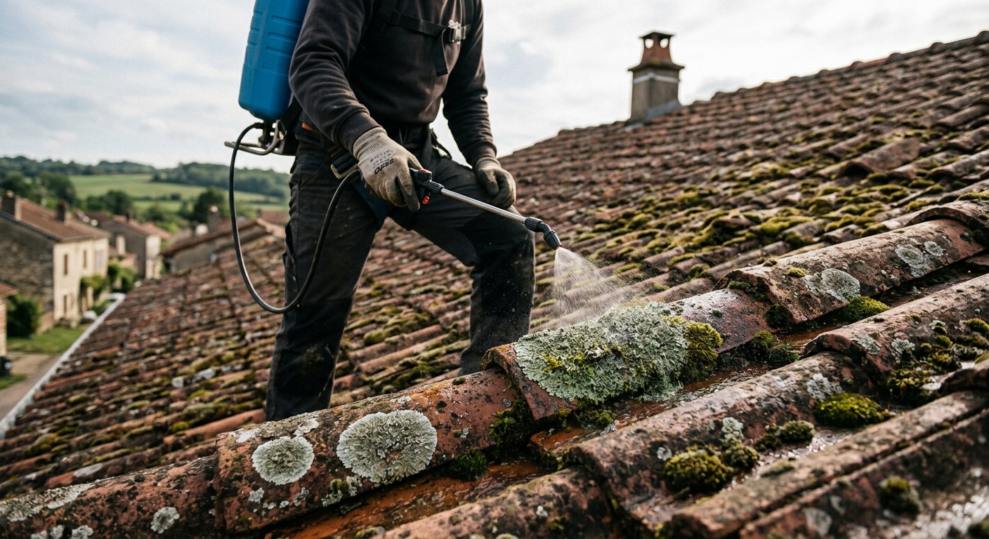 Application traitement algicide toiture