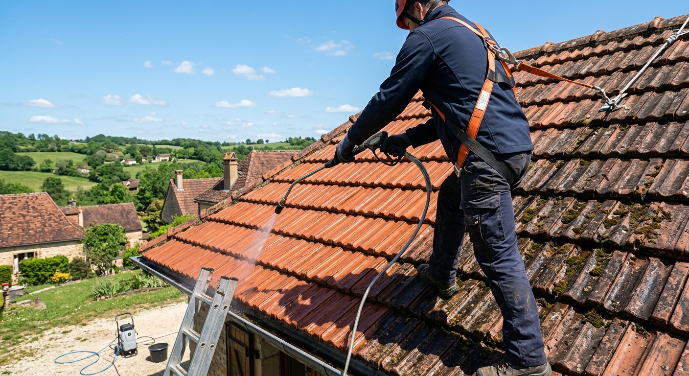 Artisan couvreur Gresset Pierre nettoyant une toiture en tuiles à Illzach