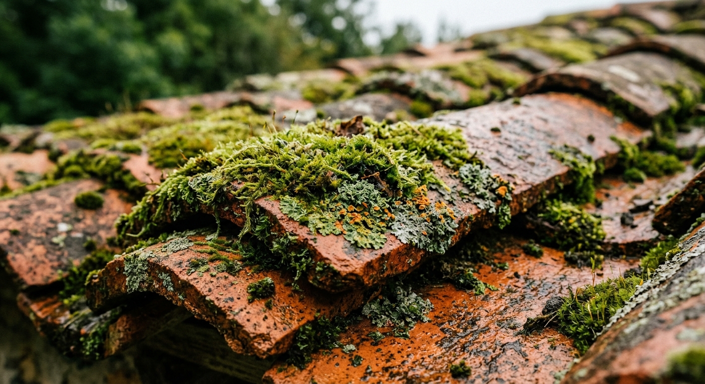 Détail de mousse et lichens sur des tuiles poreuses risquant de provoquer des infiltrations