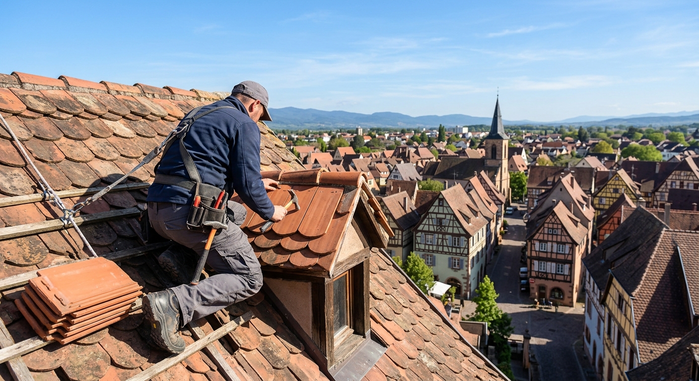 Artisan couvreur Gresset Pierre r&eacute;parant une toiture en tuiles &agrave; Mulhouse