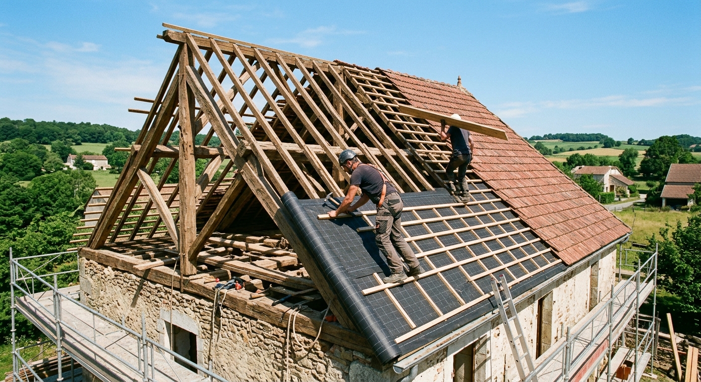 Chantier de r&eacute;novation de toiture compl&egrave;te par l'entreprise Gresset Pierre